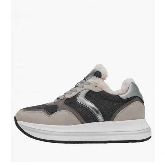 NWT VOILE BLANCHE MELANY FUR. Leather And Fabric Sneakers in Grey-Charcoal Grey - Picture 1 of 15